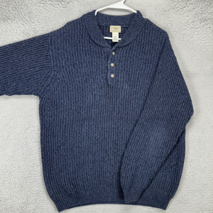L.L.‎ Bean Henley Sweater Mens Large Tall Blue Cotton Knit Collared Long Sleeve